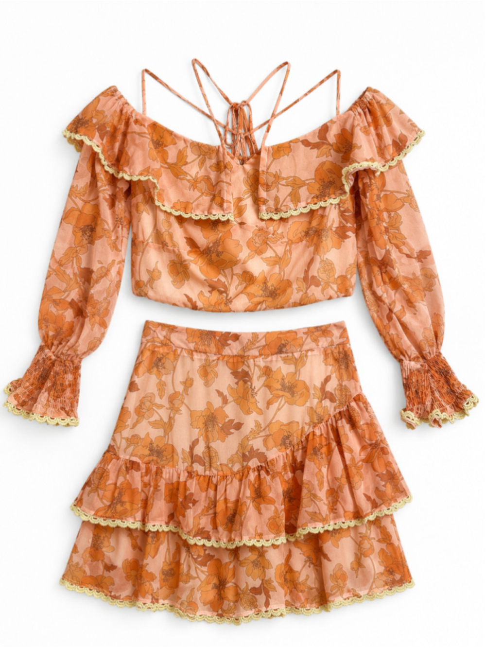 Floral Top and Skirt Set Women Size Large Orange Off Shoulder Ruffle Chiffon